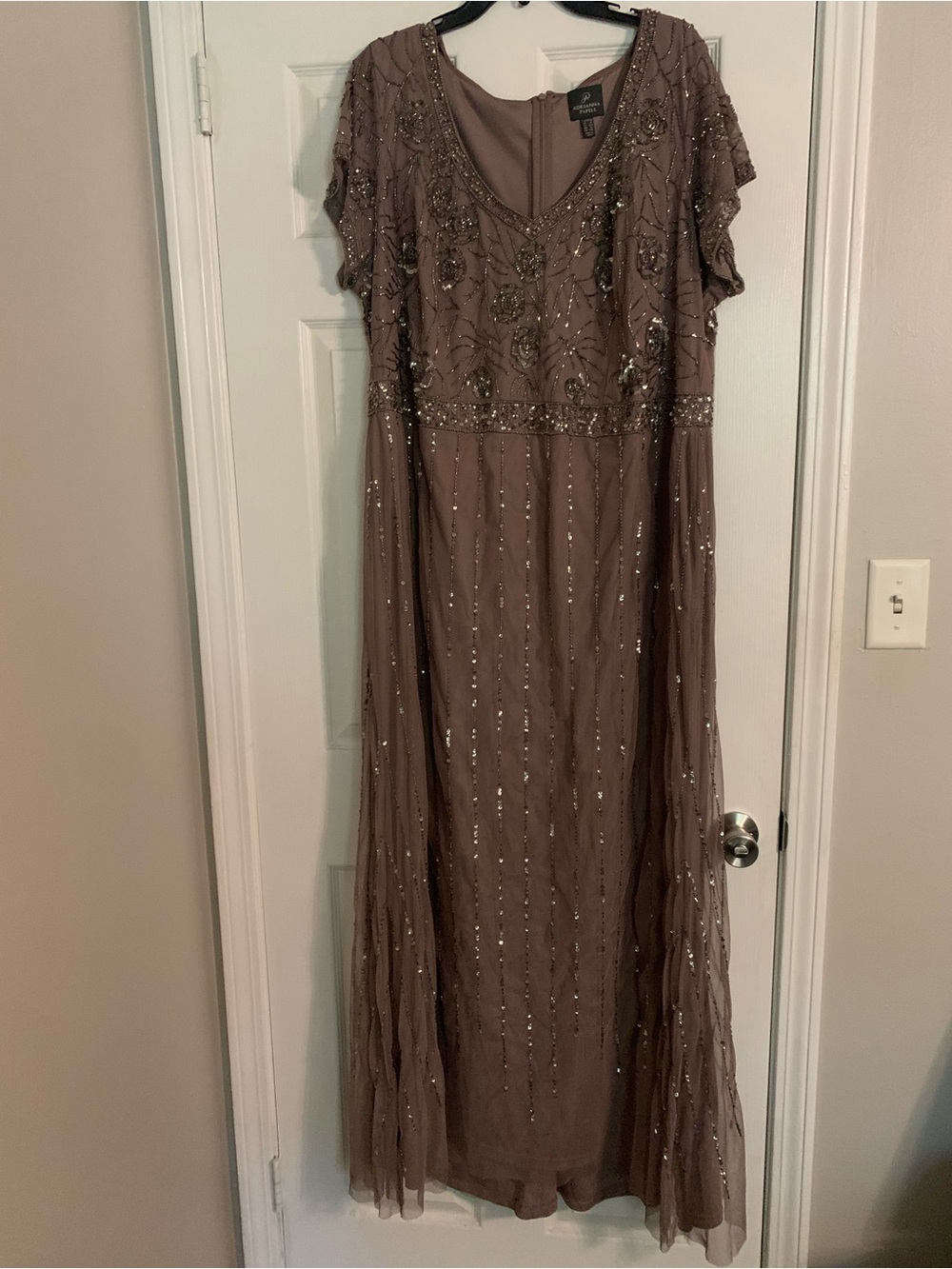 Adrianna Papell Taupe Beaded V-Neck Maxi Dress
